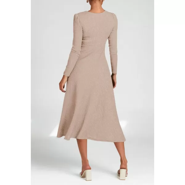 imagePRETTYGARDEN Womens 2023 Fall Midi Dress Casual Long Sleeve V Neck Cocktail Party A Line Flowy DressesBeige