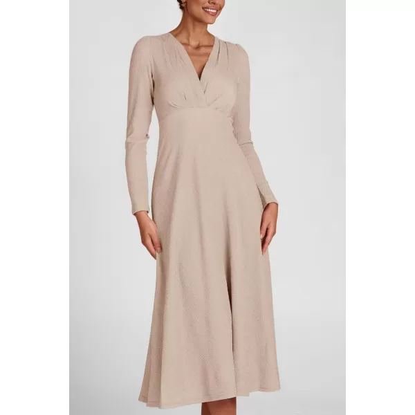 imagePRETTYGARDEN Womens 2023 Fall Midi Dress Casual Long Sleeve V Neck Cocktail Party A Line Flowy DressesBeige