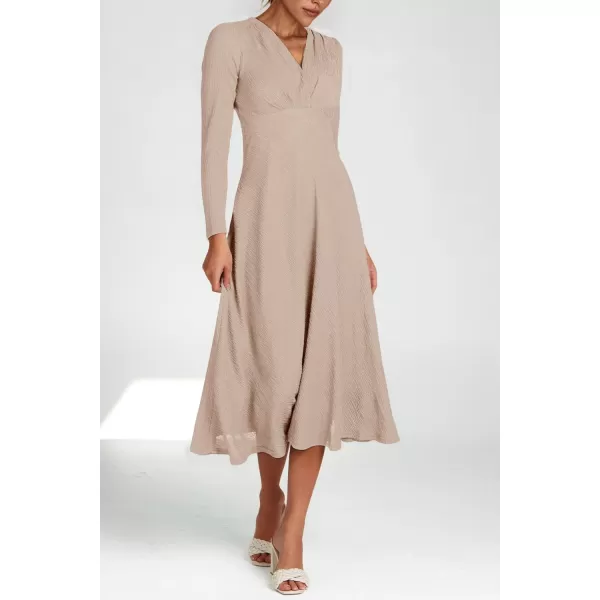 imagePRETTYGARDEN Womens 2023 Fall Midi Dress Casual Long Sleeve V Neck Cocktail Party A Line Flowy DressesBeige
