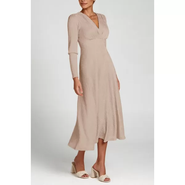 imagePRETTYGARDEN Womens 2023 Fall Midi Dress Casual Long Sleeve V Neck Cocktail Party A Line Flowy DressesBeige