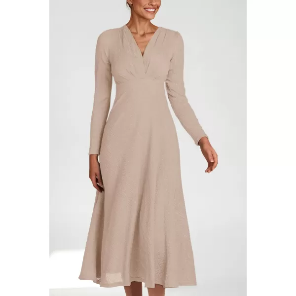 imagePRETTYGARDEN Womens 2023 Fall Midi Dress Casual Long Sleeve V Neck Cocktail Party A Line Flowy DressesBeige