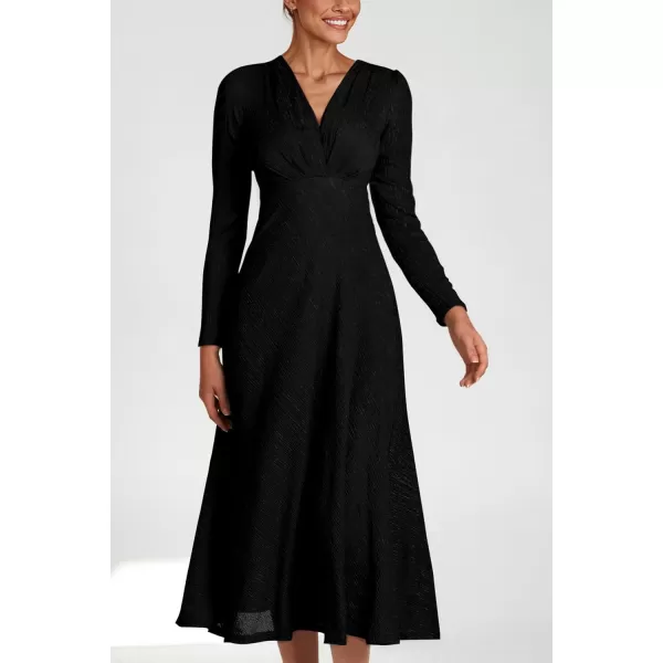 imagePRETTYGARDEN Womens 2023 Fall Midi Dress Casual Long Sleeve V Neck Cocktail Party A Line Flowy DressesBlack