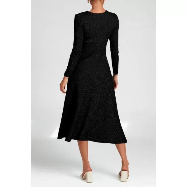 imagePRETTYGARDEN Womens 2023 Fall Midi Dress Casual Long Sleeve V Neck Cocktail Party A Line Flowy DressesBlack