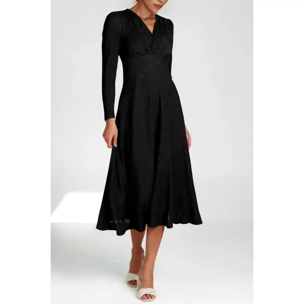 imagePRETTYGARDEN Womens 2023 Fall Midi Dress Casual Long Sleeve V Neck Cocktail Party A Line Flowy DressesBlack