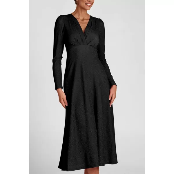 imagePRETTYGARDEN Womens 2023 Fall Midi Dress Casual Long Sleeve V Neck Cocktail Party A Line Flowy DressesBlack