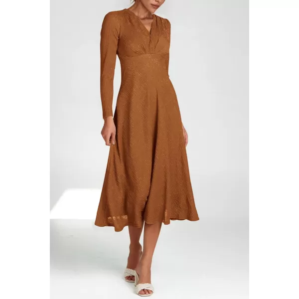 imagePRETTYGARDEN Womens 2023 Fall Midi Dress Casual Long Sleeve V Neck Cocktail Party A Line Flowy DressesCaramel