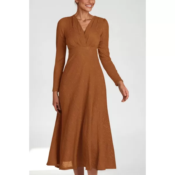 imagePRETTYGARDEN Womens 2023 Fall Midi Dress Casual Long Sleeve V Neck Cocktail Party A Line Flowy DressesCaramel