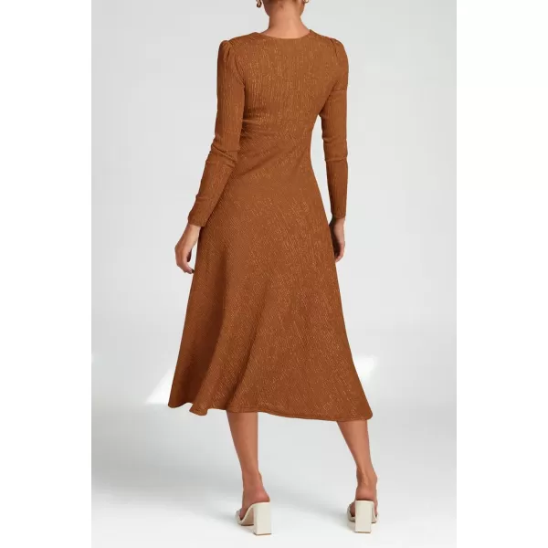 imagePRETTYGARDEN Womens 2023 Fall Midi Dress Casual Long Sleeve V Neck Cocktail Party A Line Flowy DressesCaramel
