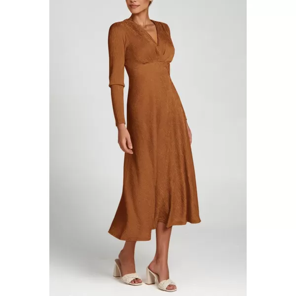 imagePRETTYGARDEN Womens 2023 Fall Midi Dress Casual Long Sleeve V Neck Cocktail Party A Line Flowy DressesCaramel