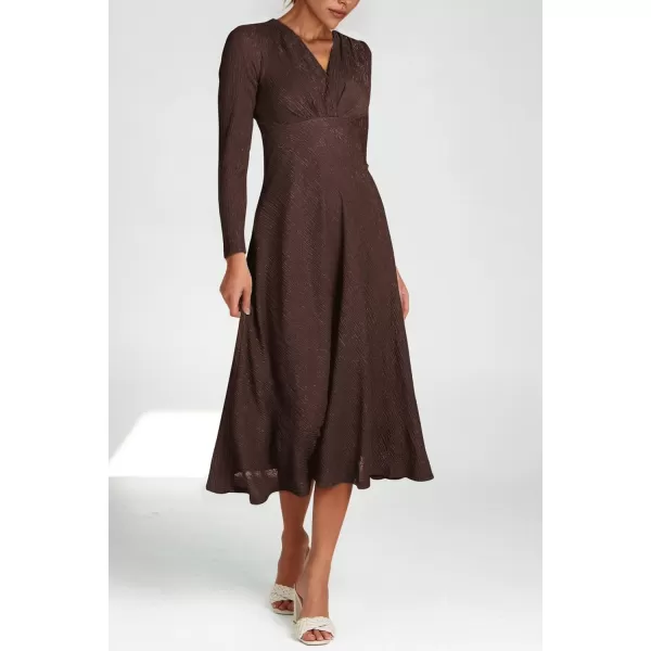 imagePRETTYGARDEN Womens 2023 Fall Midi Dress Casual Long Sleeve V Neck Cocktail Party A Line Flowy DressesDark Brown