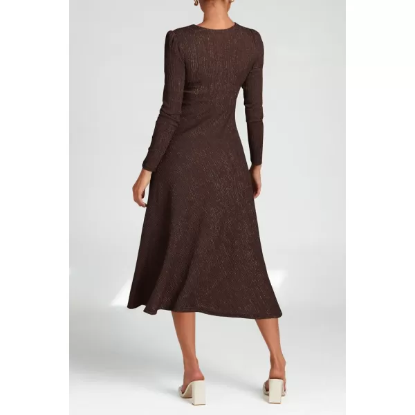 imagePRETTYGARDEN Womens 2023 Fall Midi Dress Casual Long Sleeve V Neck Cocktail Party A Line Flowy DressesDark Brown