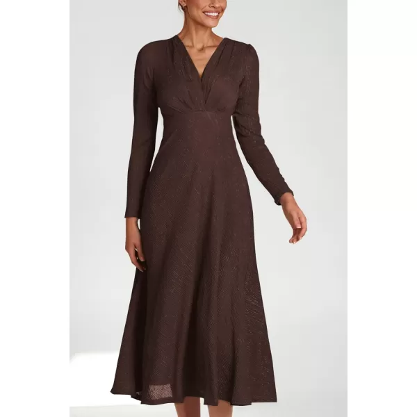 imagePRETTYGARDEN Womens 2023 Fall Midi Dress Casual Long Sleeve V Neck Cocktail Party A Line Flowy DressesDark Brown