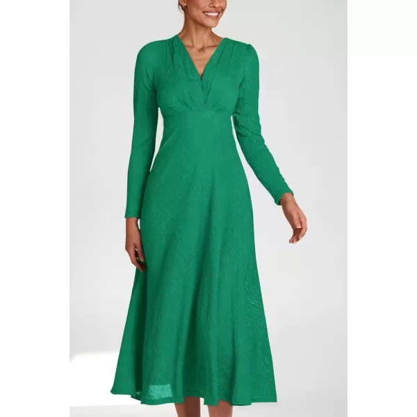 imagePRETTYGARDEN Womens 2023 Fall Midi Dress Casual Long Sleeve V Neck Cocktail Party A Line Flowy DressesGreen
