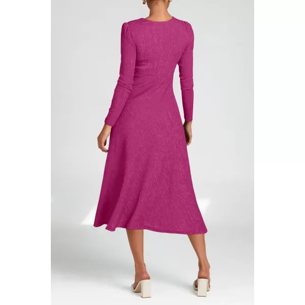 imagePRETTYGARDEN Womens 2023 Fall Midi Dress Casual Long Sleeve V Neck Cocktail Party A Line Flowy DressesRose Red