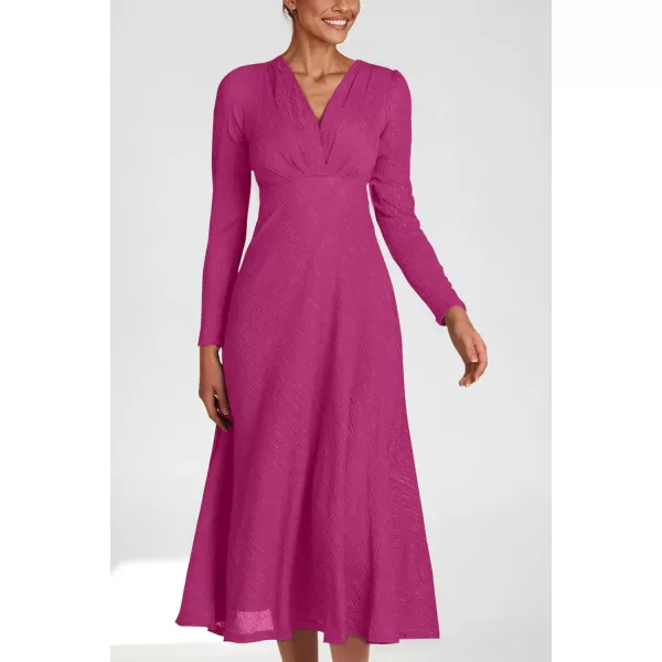 imagePRETTYGARDEN Womens 2023 Fall Midi Dress Casual Long Sleeve V Neck Cocktail Party A Line Flowy DressesRose Red