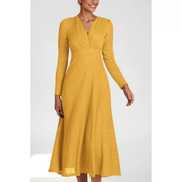 imagePRETTYGARDEN Womens 2023 Fall Midi Dress Casual Long Sleeve V Neck Cocktail Party A Line Flowy DressesYellow
