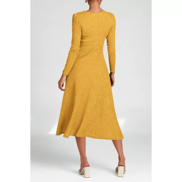 imagePRETTYGARDEN Womens 2023 Fall Midi Dress Casual Long Sleeve V Neck Cocktail Party A Line Flowy DressesYellow