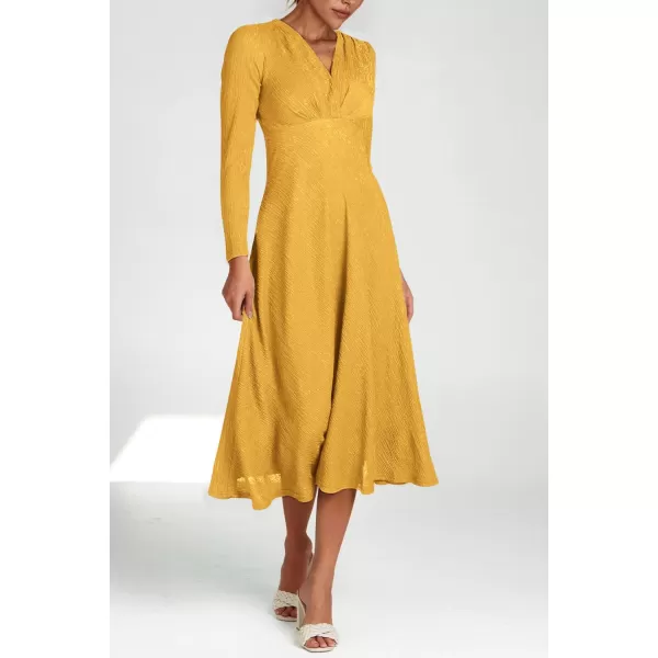 imagePRETTYGARDEN Womens 2023 Fall Midi Dress Casual Long Sleeve V Neck Cocktail Party A Line Flowy DressesYellow