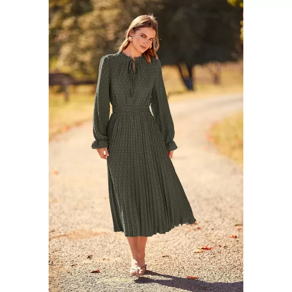 imagePRETTYGARDEN Womens 2023 Fall Midi Dress Casual Long Sleeve V Neck Swiss Dot Pleated A Line Flowy DressesArmy Green