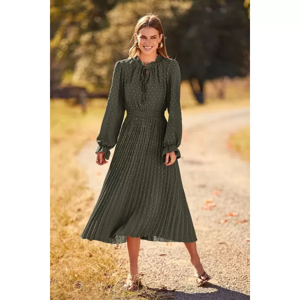 imagePRETTYGARDEN Womens 2023 Fall Midi Dress Casual Long Sleeve V Neck Swiss Dot Pleated A Line Flowy DressesArmy Green