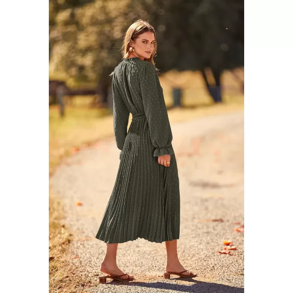 imagePRETTYGARDEN Womens 2023 Fall Midi Dress Casual Long Sleeve V Neck Swiss Dot Pleated A Line Flowy DressesArmy Green