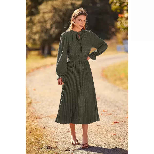 imagePRETTYGARDEN Womens 2023 Fall Midi Dress Casual Long Sleeve V Neck Swiss Dot Pleated A Line Flowy DressesArmy Green