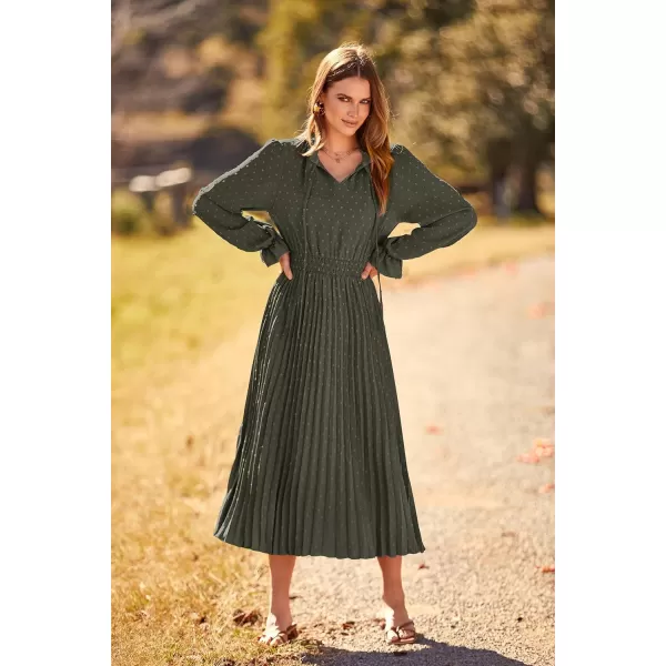 imagePRETTYGARDEN Womens 2023 Fall Midi Dress Casual Long Sleeve V Neck Swiss Dot Pleated A Line Flowy DressesArmy Green