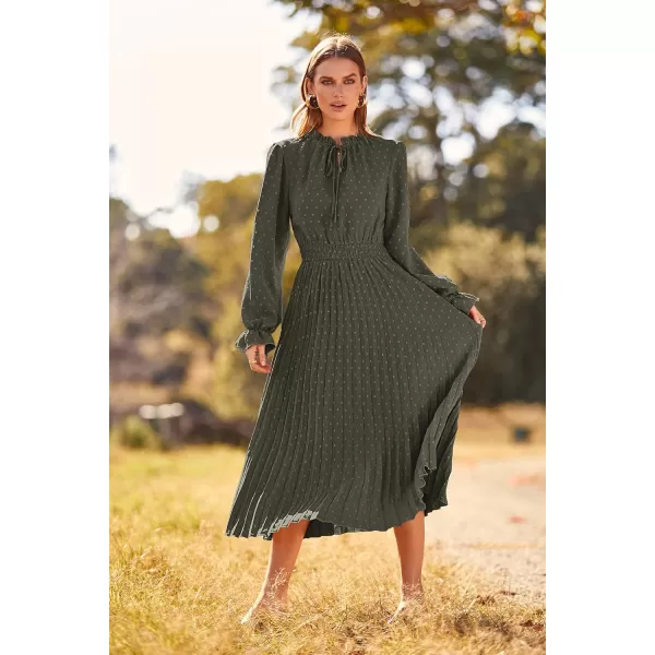 imagePRETTYGARDEN Womens 2023 Fall Midi Dress Casual Long Sleeve V Neck Swiss Dot Pleated A Line Flowy DressesArmy Green