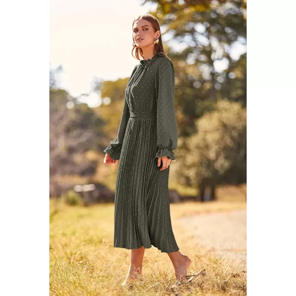 imagePRETTYGARDEN Womens 2023 Fall Midi Dress Casual Long Sleeve V Neck Swiss Dot Pleated A Line Flowy DressesArmy Green