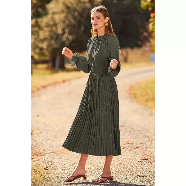 imagePRETTYGARDEN Womens 2023 Fall Midi Dress Casual Long Sleeve V Neck Swiss Dot Pleated A Line Flowy DressesArmy Green