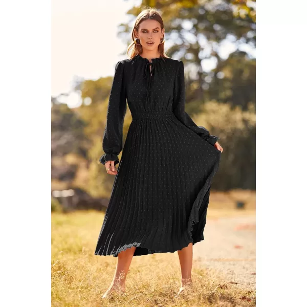 imagePRETTYGARDEN Womens 2023 Fall Midi Dress Casual Long Sleeve V Neck Swiss Dot Pleated A Line Flowy DressesBlack