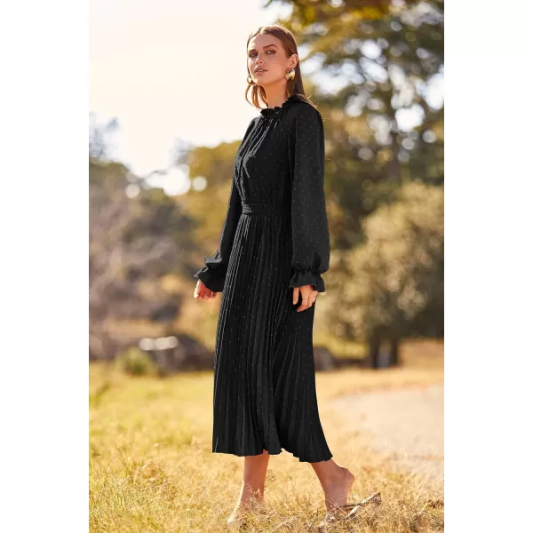 imagePRETTYGARDEN Womens 2023 Fall Midi Dress Casual Long Sleeve V Neck Swiss Dot Pleated A Line Flowy DressesBlack