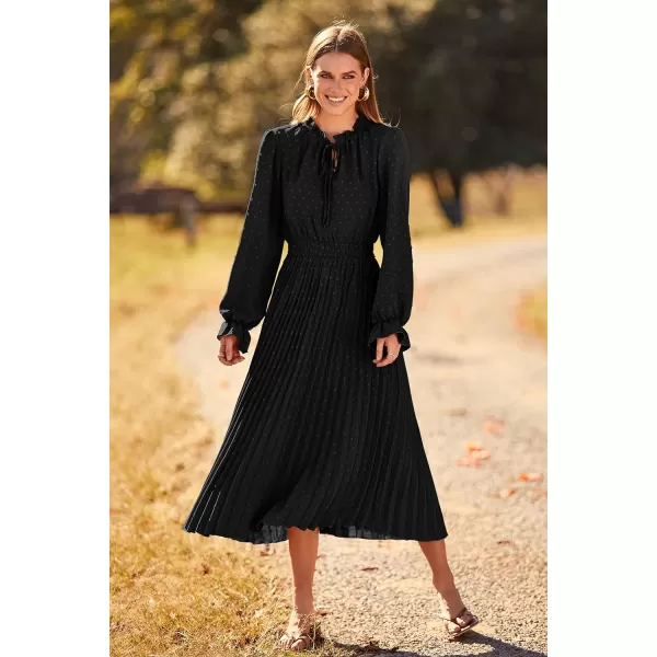 imagePRETTYGARDEN Womens 2023 Fall Midi Dress Casual Long Sleeve V Neck Swiss Dot Pleated A Line Flowy DressesBlack