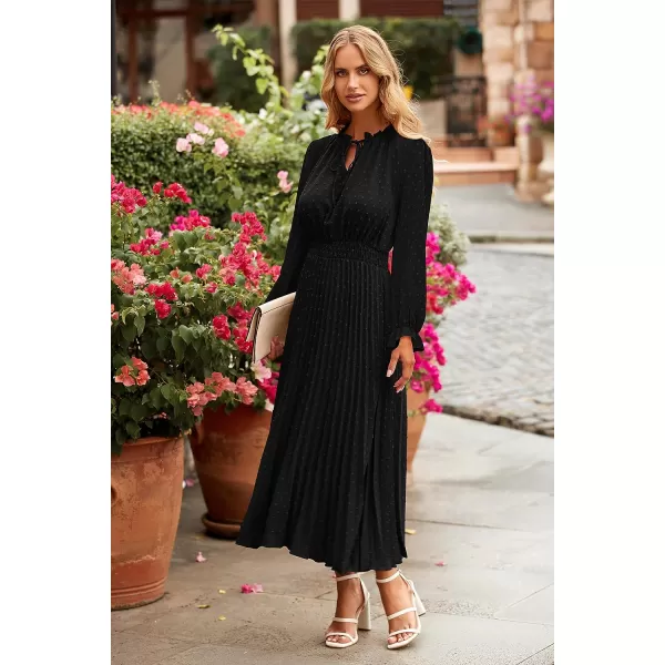 imagePRETTYGARDEN Womens 2023 Fall Midi Dress Casual Long Sleeve V Neck Swiss Dot Pleated A Line Flowy DressesBlack