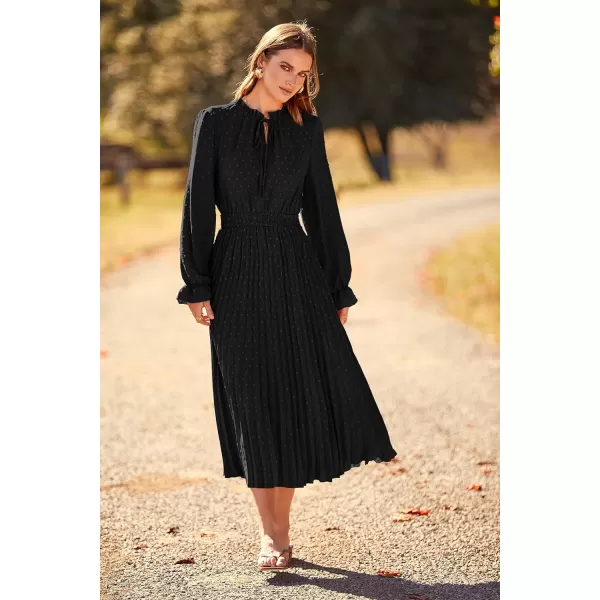 imagePRETTYGARDEN Womens 2023 Fall Midi Dress Casual Long Sleeve V Neck Swiss Dot Pleated A Line Flowy DressesBlack