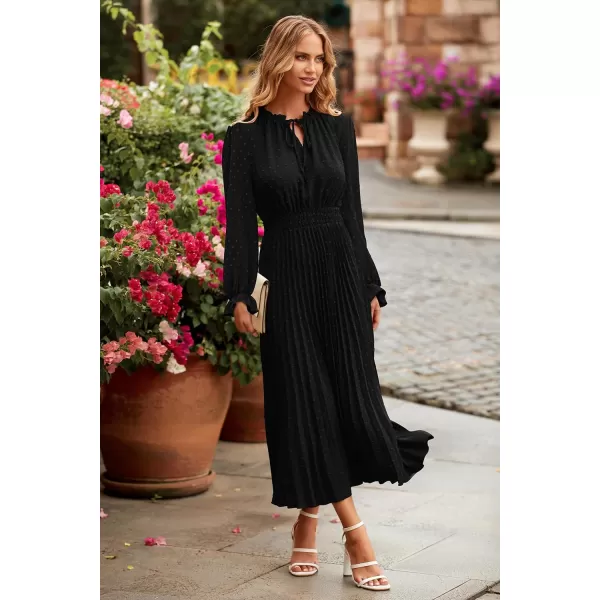 imagePRETTYGARDEN Womens 2023 Fall Midi Dress Casual Long Sleeve V Neck Swiss Dot Pleated A Line Flowy DressesBlack
