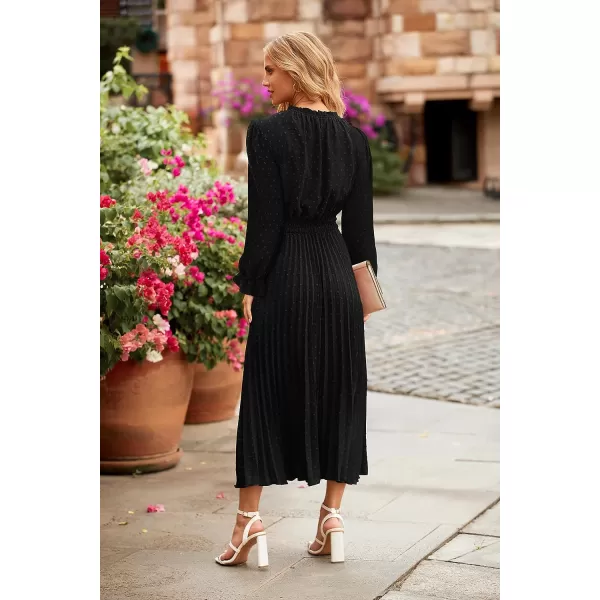 imagePRETTYGARDEN Womens 2023 Fall Midi Dress Casual Long Sleeve V Neck Swiss Dot Pleated A Line Flowy DressesBlack