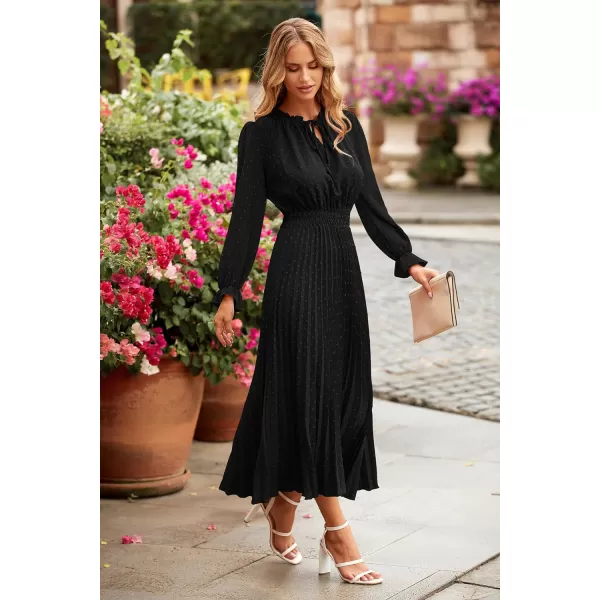 imagePRETTYGARDEN Womens 2023 Fall Midi Dress Casual Long Sleeve V Neck Swiss Dot Pleated A Line Flowy DressesBlack