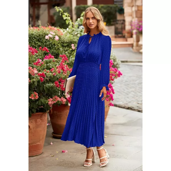 imagePRETTYGARDEN Womens 2023 Fall Midi Dress Casual Long Sleeve V Neck Swiss Dot Pleated A Line Flowy DressesBlue