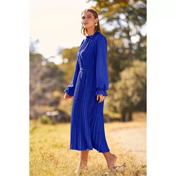 imagePRETTYGARDEN Womens 2023 Fall Midi Dress Casual Long Sleeve V Neck Swiss Dot Pleated A Line Flowy DressesBlue