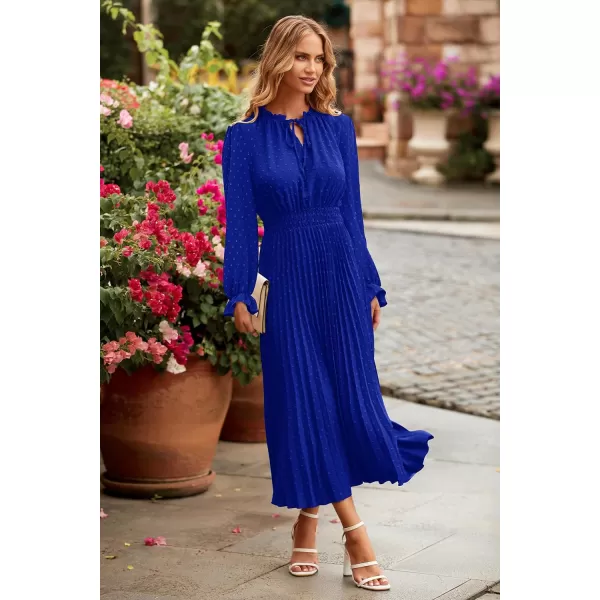 imagePRETTYGARDEN Womens 2023 Fall Midi Dress Casual Long Sleeve V Neck Swiss Dot Pleated A Line Flowy DressesBlue