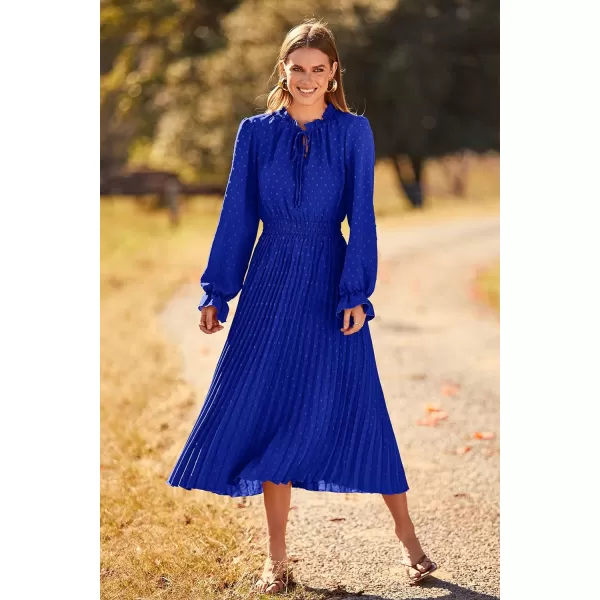 imagePRETTYGARDEN Womens 2023 Fall Midi Dress Casual Long Sleeve V Neck Swiss Dot Pleated A Line Flowy DressesBlue