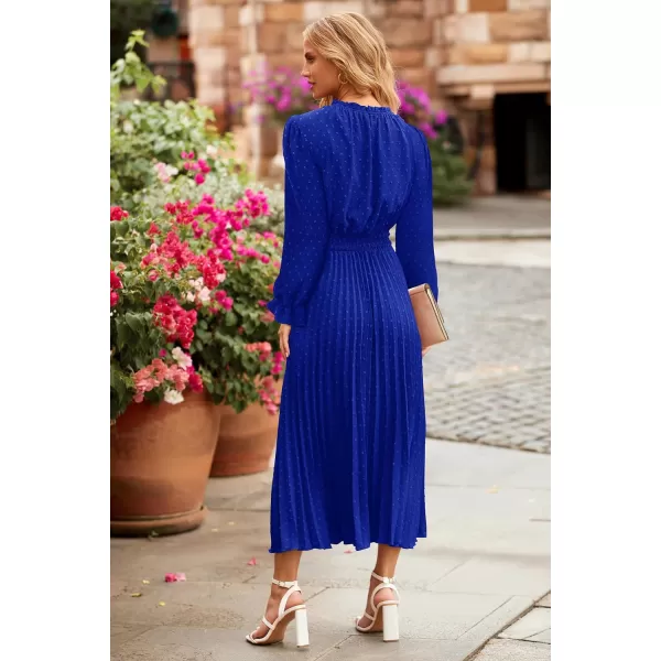 imagePRETTYGARDEN Womens 2023 Fall Midi Dress Casual Long Sleeve V Neck Swiss Dot Pleated A Line Flowy DressesBlue