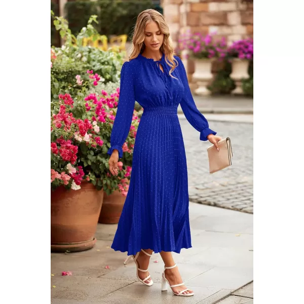 imagePRETTYGARDEN Womens 2023 Fall Midi Dress Casual Long Sleeve V Neck Swiss Dot Pleated A Line Flowy DressesBlue