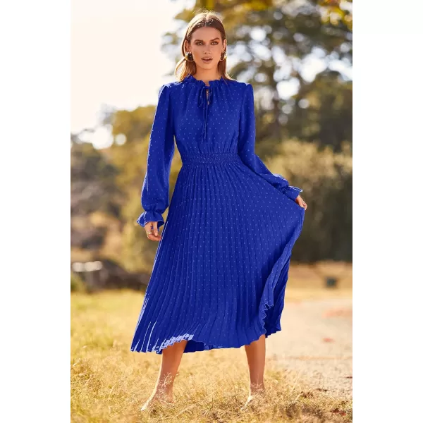 imagePRETTYGARDEN Womens 2023 Fall Midi Dress Casual Long Sleeve V Neck Swiss Dot Pleated A Line Flowy DressesBlue