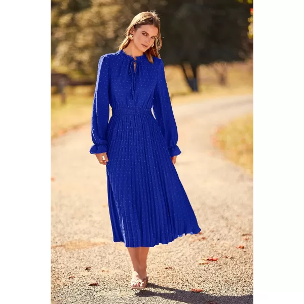 imagePRETTYGARDEN Womens 2023 Fall Midi Dress Casual Long Sleeve V Neck Swiss Dot Pleated A Line Flowy DressesBlue