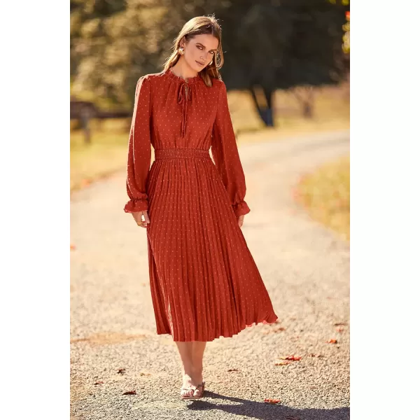 imagePRETTYGARDEN Womens 2023 Fall Midi Dress Casual Long Sleeve V Neck Swiss Dot Pleated A Line Flowy DressesBrick Red