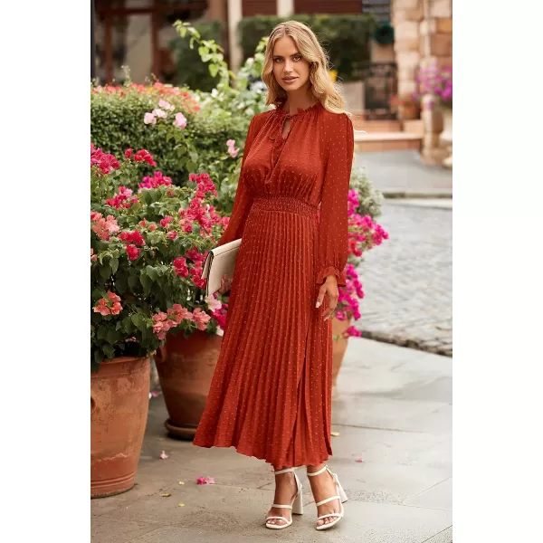 imagePRETTYGARDEN Womens 2023 Fall Midi Dress Casual Long Sleeve V Neck Swiss Dot Pleated A Line Flowy DressesBrick Red