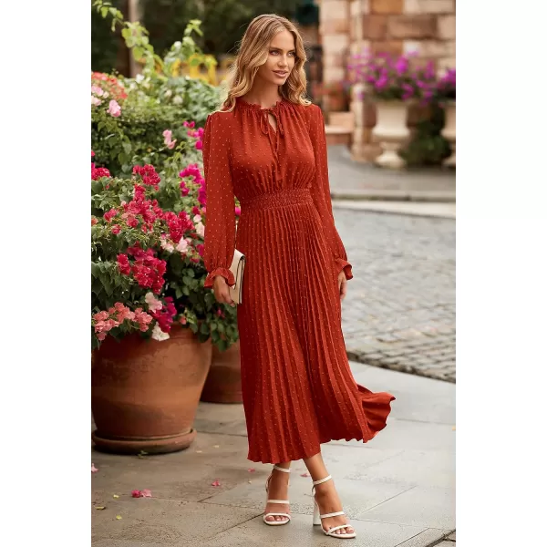 imagePRETTYGARDEN Womens 2023 Fall Midi Dress Casual Long Sleeve V Neck Swiss Dot Pleated A Line Flowy DressesBrick Red