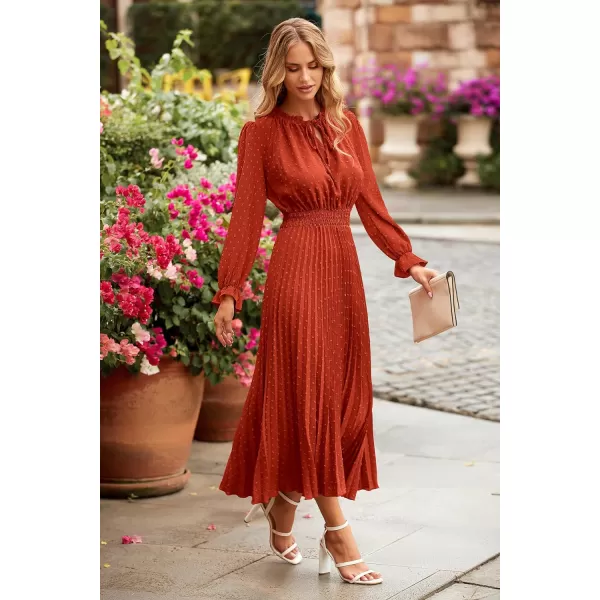 imagePRETTYGARDEN Womens 2023 Fall Midi Dress Casual Long Sleeve V Neck Swiss Dot Pleated A Line Flowy DressesBrick Red